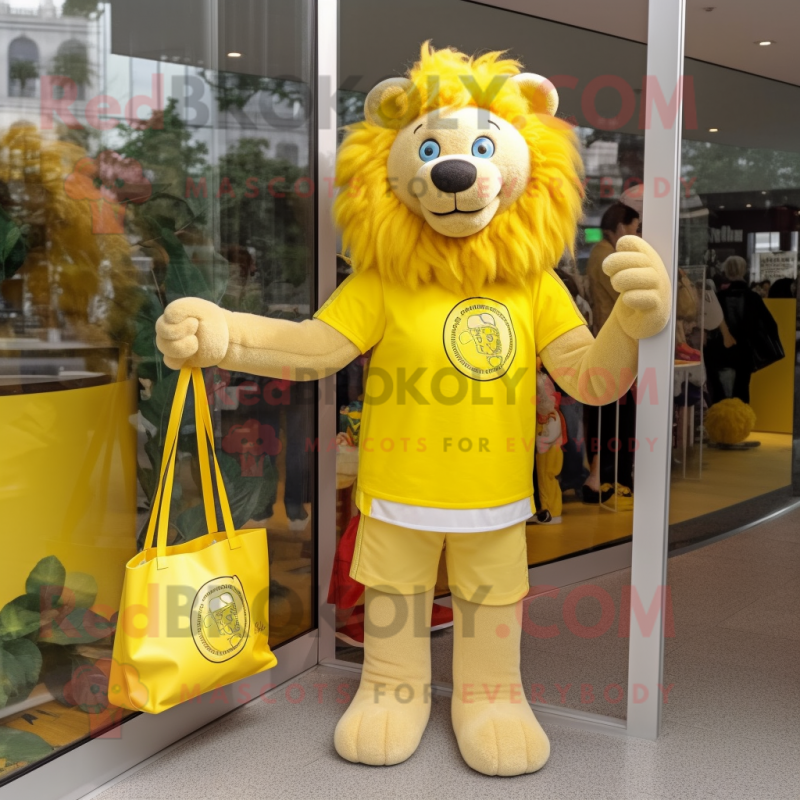 Lemon Yellow Lion mascot costume character dressed with a Blouse and Tote bags Lemon Yellow Lion mascot costume character dressed with a Blouse and Tote bags