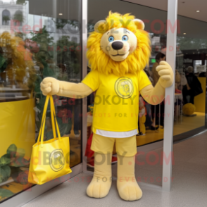 Lemon Yellow Lion mascot costume character dressed with a Blouse and Tote bags