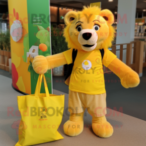 Lemon Yellow Lion mascot costume character dressed with a Blouse and Tote bags