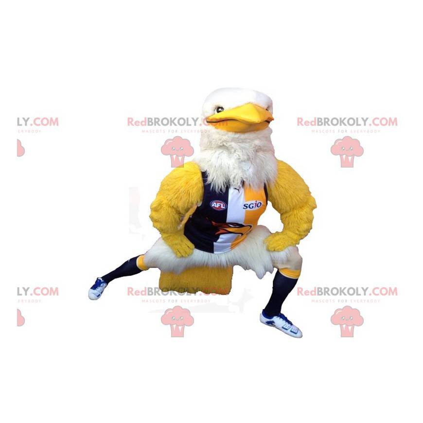 Mascotte d'aigle jaune et blanc avec une tenue de sport -