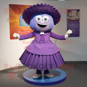 Purple Plate Spinner mascot costume character dressed with a Pleated Skirt and Cufflinks