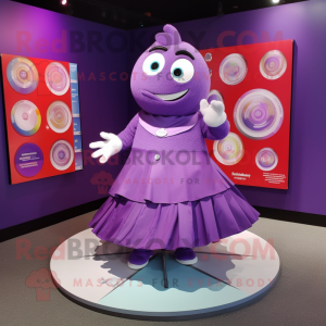 Purple Plate Spinner mascot costume character dressed with a Pleated Skirt and Cufflinks