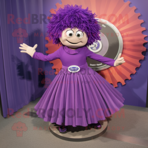 Purple Plate Spinner mascot costume character dressed with a Pleated Skirt and Cufflinks