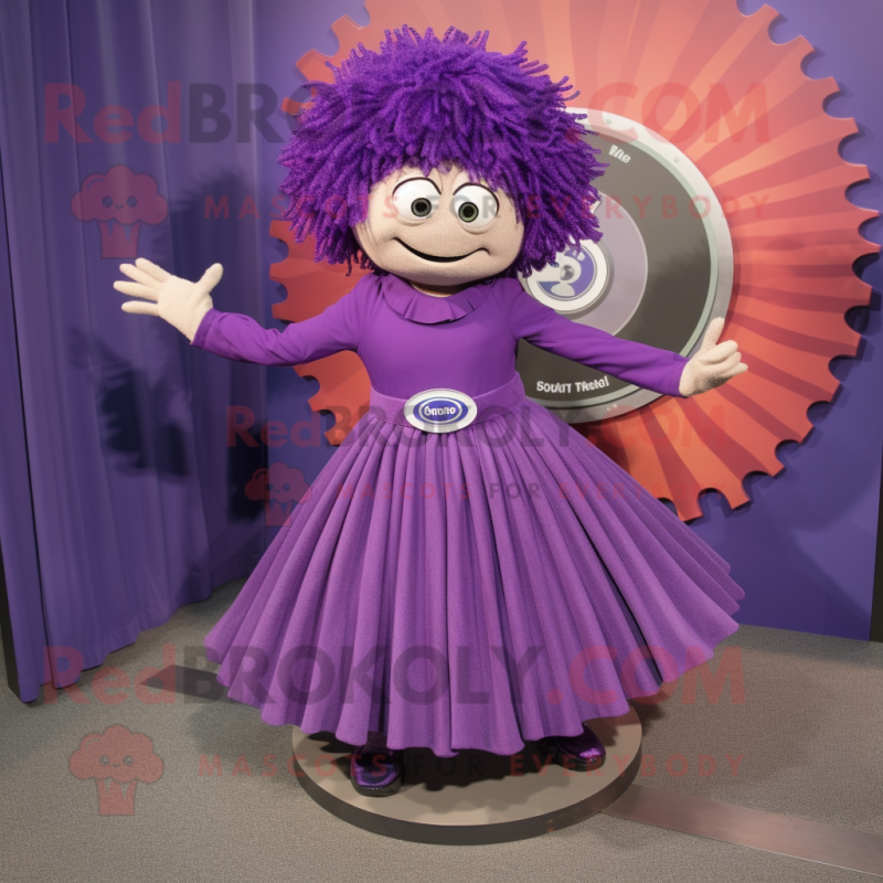 Purple Plate Spinner mascot costume character dressed with a Pleated Skirt and Cufflinks Purple Plate Spinner mascot costume character dressed with a Pleated Skirt and Cufflinks