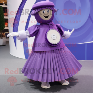 Purple Plate Spinner mascot costume character dressed with a Pleated Skirt and Cufflinks