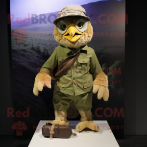 Olive Eagle mascot costume character dressed with a Corduroy Pants and Caps