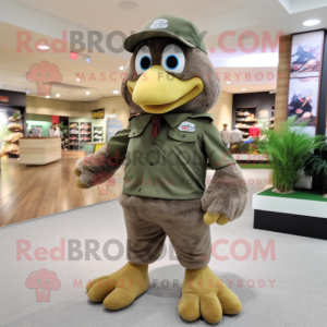 Olive Eagle mascot costume character dressed with a Corduroy Pants and Caps