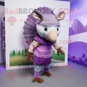 Purple Armadillo mascot costume character dressed with a Playsuit and Scarves