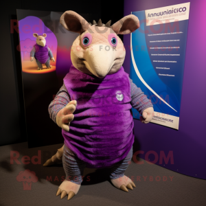 Purple Armadillo mascot costume character dressed with a Playsuit and Scarves