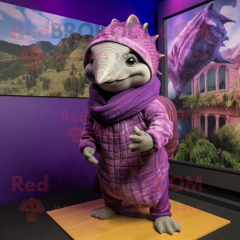 Purple Armadillo mascot costume character dressed with a Playsuit and Scarves Purple Armadillo mascot costume character dressed with a Playsuit and Scarves