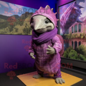 Purple Armadillo mascot costume character dressed with a Playsuit and Scarves