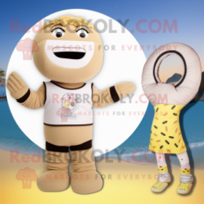 Tan Bagels mascot costume character dressed with a Bikini and Gloves