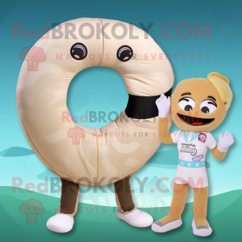 Tan Bagels mascot costume character dressed with a Bikini and Gloves Tan Bagels mascot costume character dressed with a Bikini and Gloves