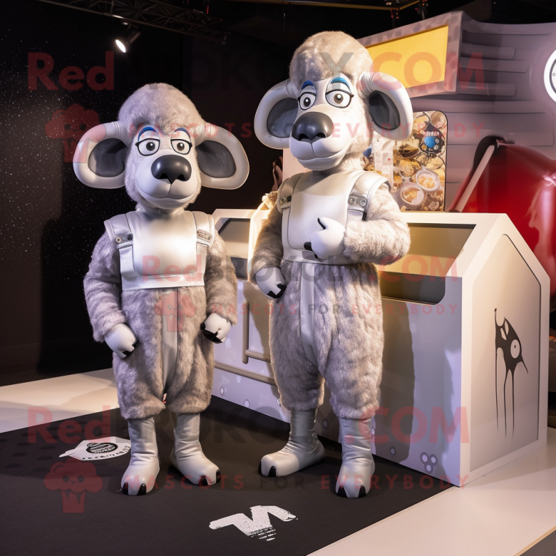 Silver Ram mascot costume character dressed with a Shift Dress and Suspenders Silver Ram mascot costume character dressed with a Shift Dress and Suspenders