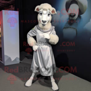 Silver Ram mascot costume character dressed with a Shift Dress and Suspenders