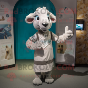 Silver Ram mascot costume character dressed with a Shift Dress and Suspenders
