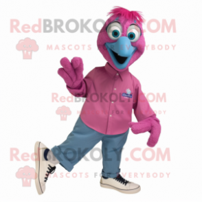 Magenta Peacock mascot costume character dressed with a Chambray Shirt and Shoe laces