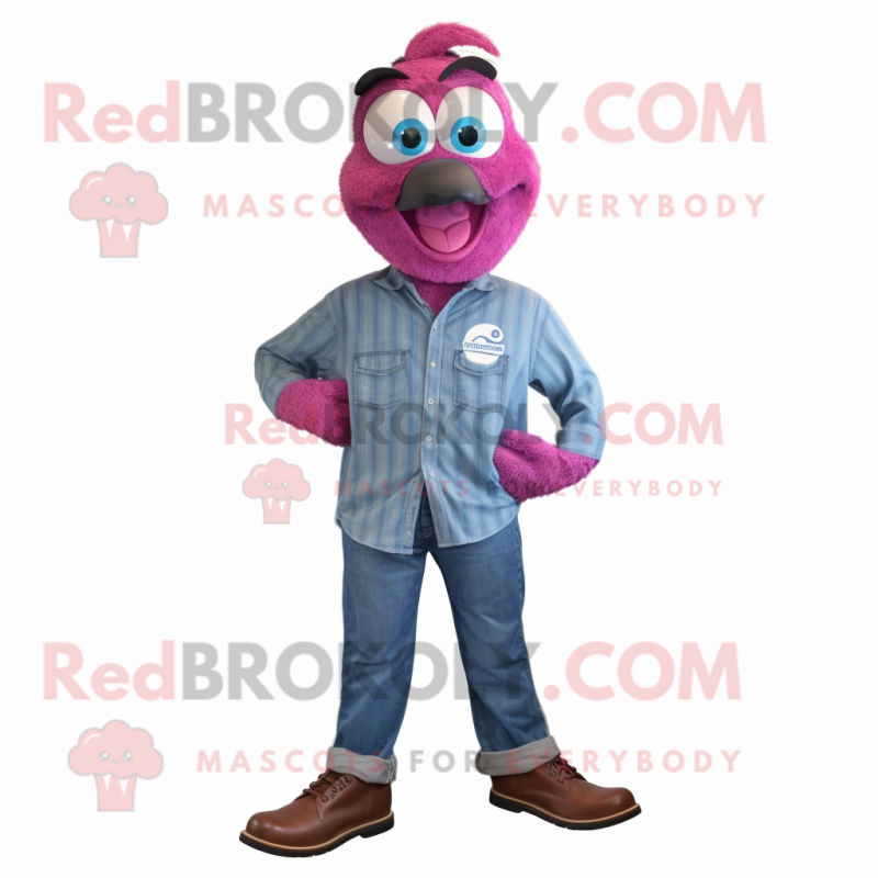 Magenta Peacock mascot costume character dressed with a Chambray Shirt and Shoe laces