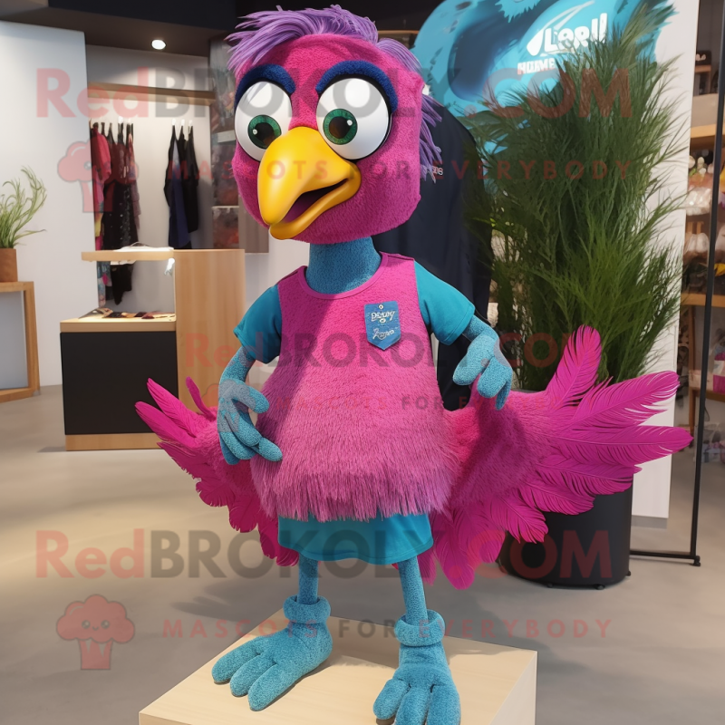 Magenta Peacock mascot costume character dressed with a Chambray Shirt and Shoe laces