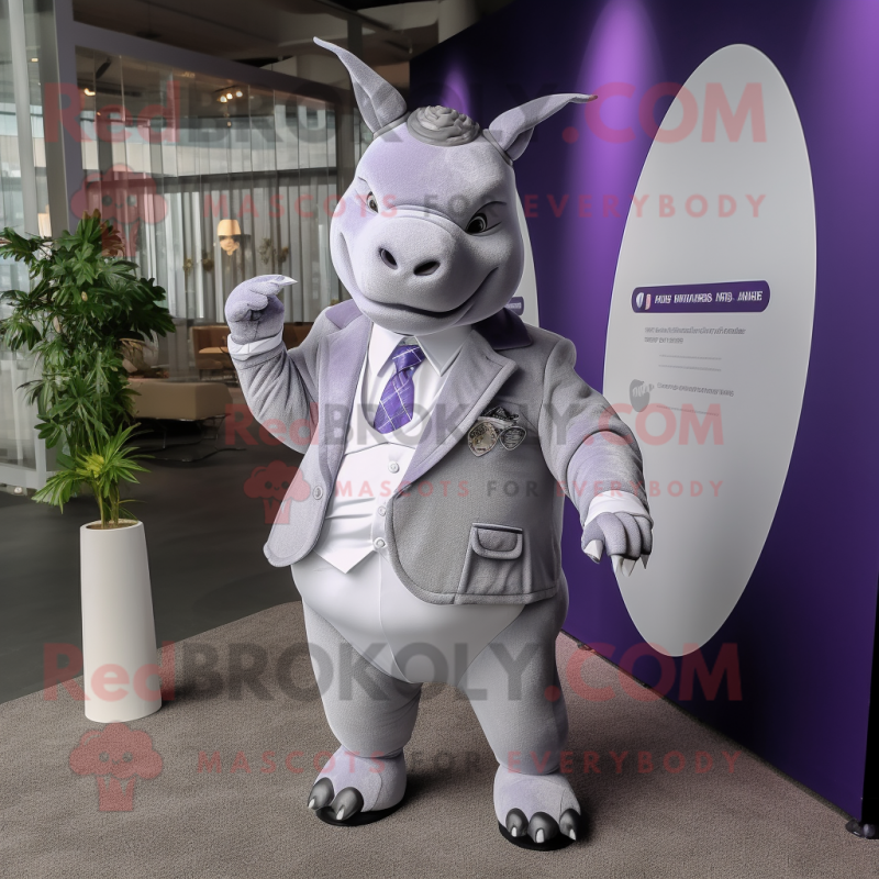 Lavender Rhinoceros mascot costume character dressed with a Suit Pants and Keychains