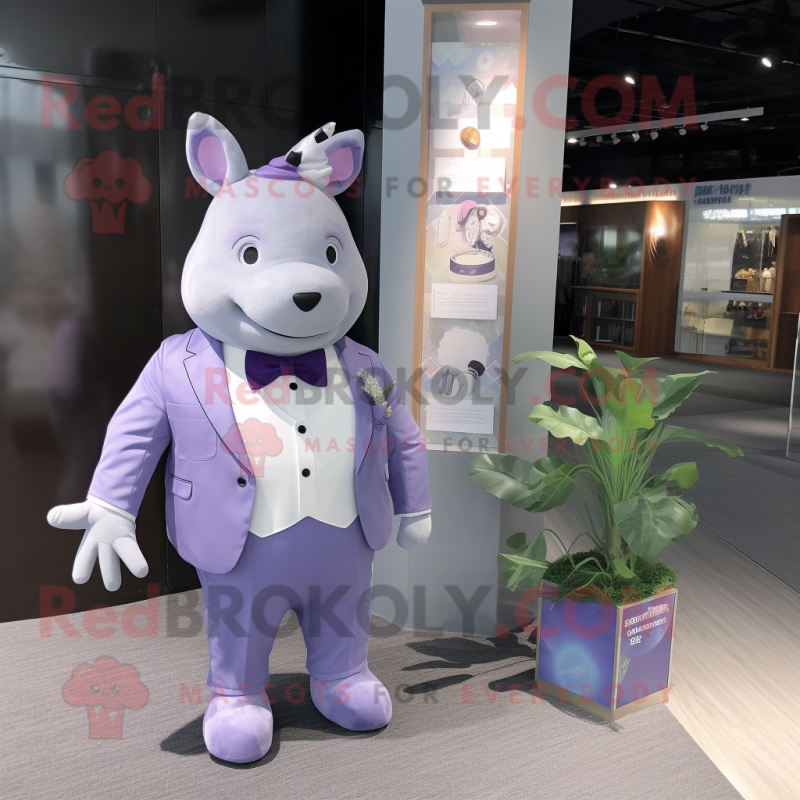 Lavender Rhinoceros mascot costume character dressed with a Suit Pants and Keychains