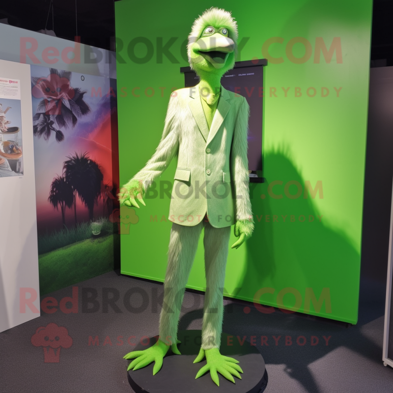 Lime Green Ostrich mascot costume character dressed with a Suit Jacket and Brooches