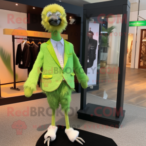 Lime Green Ostrich mascot costume character dressed with a Suit Jacket and Brooches