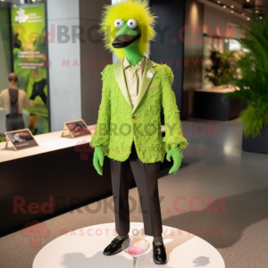 Lime Green Ostrich mascot costume character dressed with a Suit Jacket and Brooches