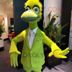 Lime Green Ostrich mascot costume character dressed with a Suit Jacket and Brooches