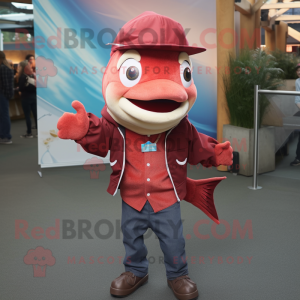 Maroon Salmon mascot costume character dressed with a Boyfriend Jeans and Hat pins