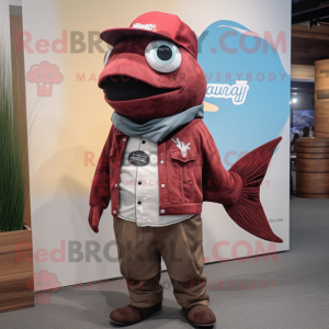 Maroon Salmon mascot costume character dressed with a Boyfriend Jeans and Hat pins