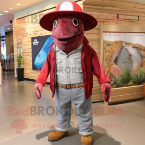 Maroon Salmon mascot costume character dressed with a Boyfriend Jeans and Hat pins