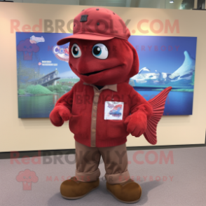 Maroon Salmon mascot costume character dressed with a Boyfriend Jeans and Hat pins