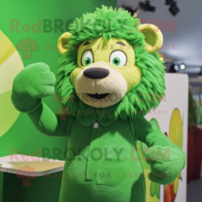 Green Lion mascot costume character dressed with a Button-Up Shirt and Mittens