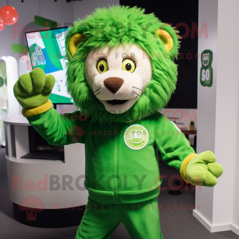 Green Lion mascot costume character dressed with a Button-Up Shirt and Mittens