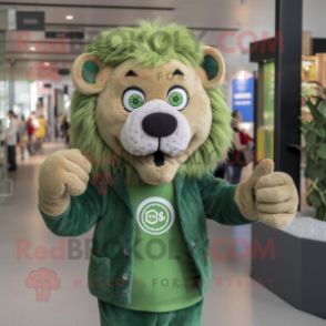 Green Lion mascot costume character dressed with a Button-Up Shirt and Mittens