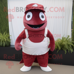 Maroon Tuna mascot costume character dressed with a Tank Top and Hats