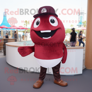 Maroon Tuna mascot costume character dressed with a Tank Top and Hats