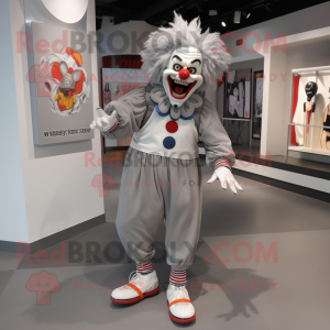 Gray Evil Clown mascot costume character dressed with a Joggers and Shoe laces