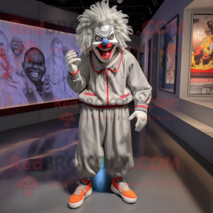 Gray Evil Clown mascot costume character dressed with a Joggers and Shoe laces