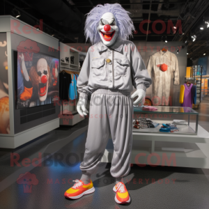 Gray Evil Clown mascot costume character dressed with a Joggers and Shoe laces