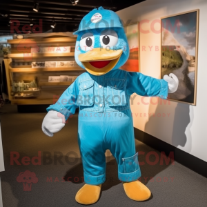 Turquoise Gosling mascot costume character dressed with a Dungarees and Caps