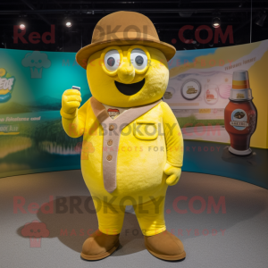 Yellow Soda Can mascot costume character dressed with a Corduroy Pants and Berets