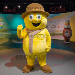 Yellow Soda Can mascot costume character dressed with a Corduroy Pants and Berets
