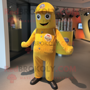 Yellow Soda Can mascot costume character dressed with a Corduroy Pants and Berets