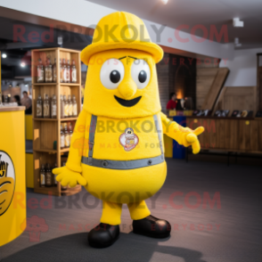 Yellow Soda Can mascot costume character dressed with a Corduroy Pants and Berets