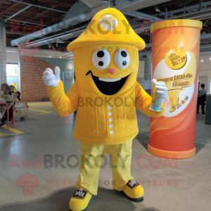 Yellow Soda Can mascot costume character dressed with a Corduroy Pants and Berets