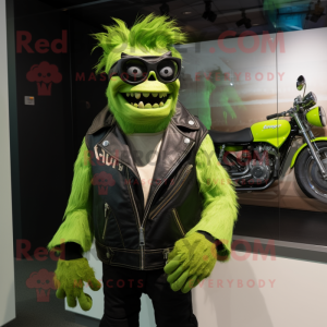 Lime Green Frankenstein'S Monster mascot costume character dressed with a Moto Jacket and Eyeglasses