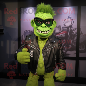 Lime Green Frankenstein'S Monster mascot costume character dressed with a Moto Jacket and Eyeglasses