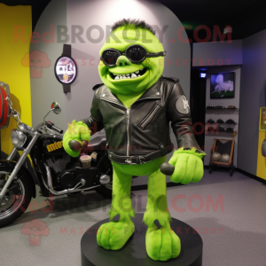 Lime Green Frankenstein'S Monster mascot costume character dressed with a Moto Jacket and Eyeglasses